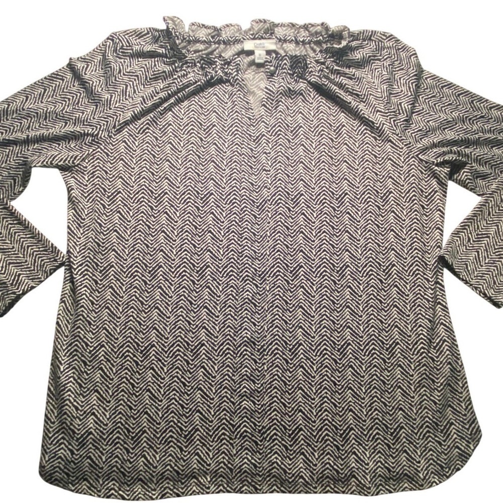 Croft & Barrow Womens XL Black White Herringbone Chevron Ruffle Neck Blouse Top‎